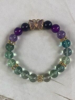 Green & Purple Fluorite Bracelet - Fluorite Butterfly Beaded Stretch Bracelet